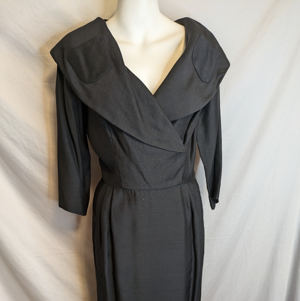 Vintage 1940's Franklin Original Black Cocktail Dress Unique Collar 3/4 Sleeves